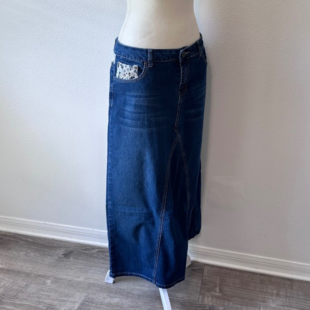 Cato Lace Trim Denim Maxi Skirt Women Size 10 Blue - Picture 2 of 8
